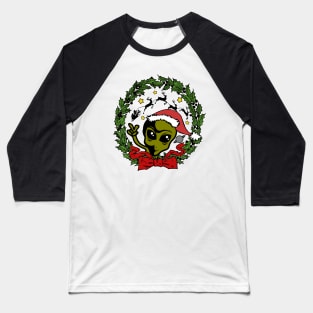 Alien UFO Santa Hat Christmas Holly Wreath Baseball T-Shirt